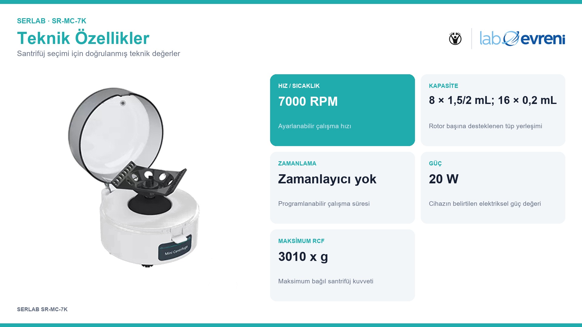SERLAB SR-MC-7K cihazının doğrulanmış hız, kapasite, zamanlama, güç ve RCF teknik özellik kartları