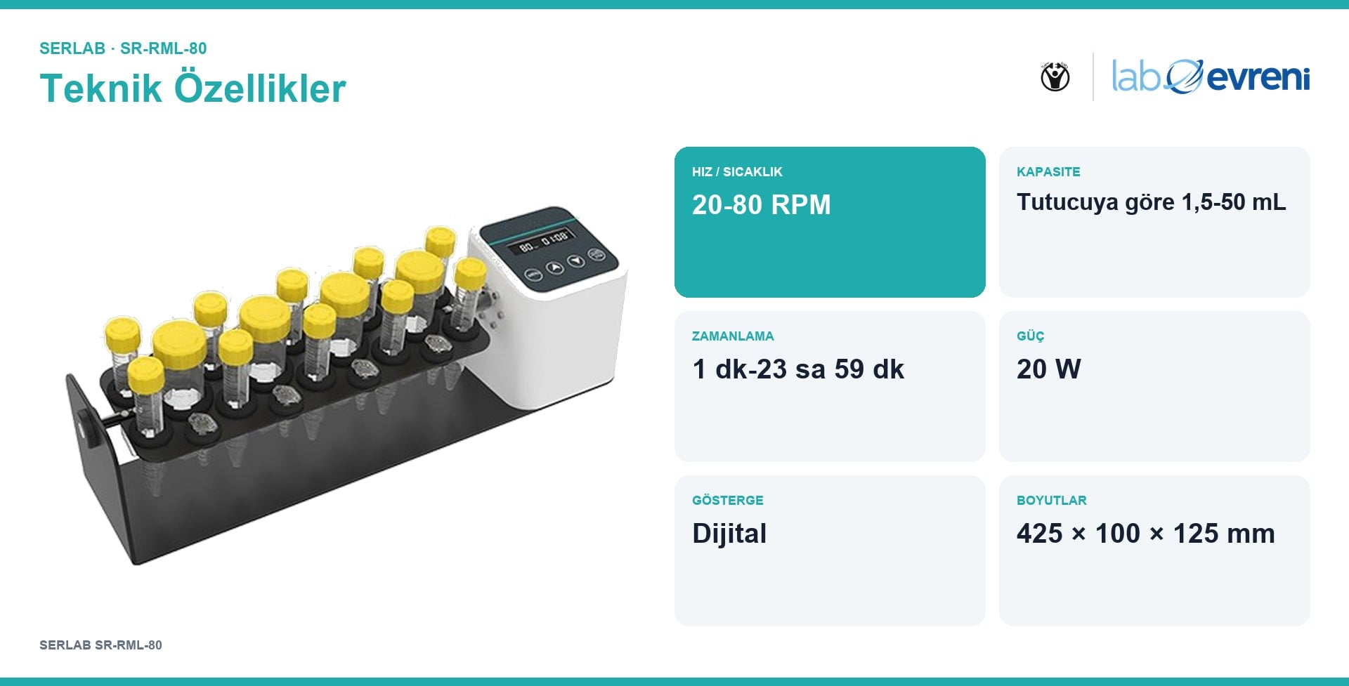 SERLAB SR-RML-80 cihazının hız, kapasite, zamanlama ve güç teknik özellik kartları