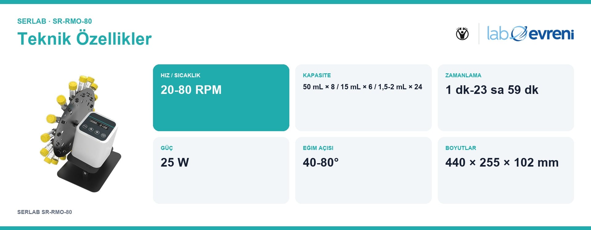 SERLAB SR-RMO-80 cihazının hız, kapasite, zamanlama ve güç teknik özellik kartları