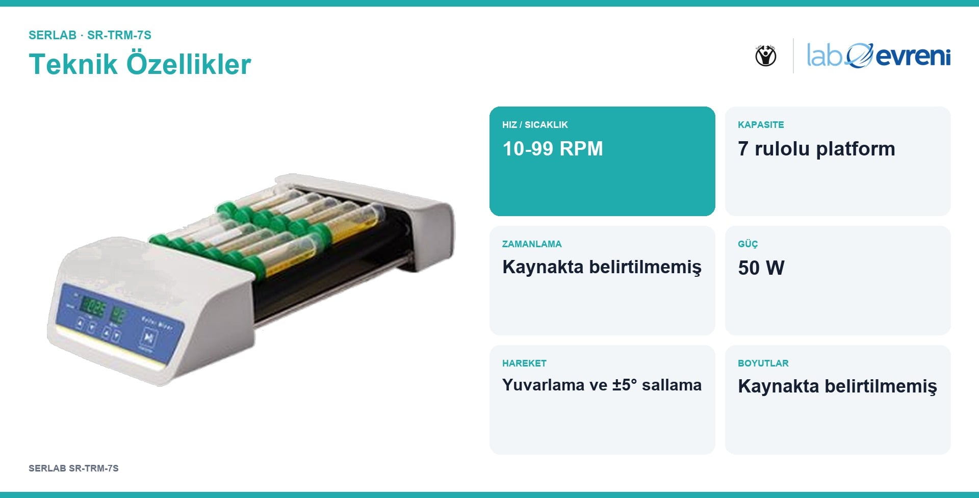 SERLAB SR-TRM-7S cihazının hız, kapasite, zamanlama ve güç teknik özellik kartları