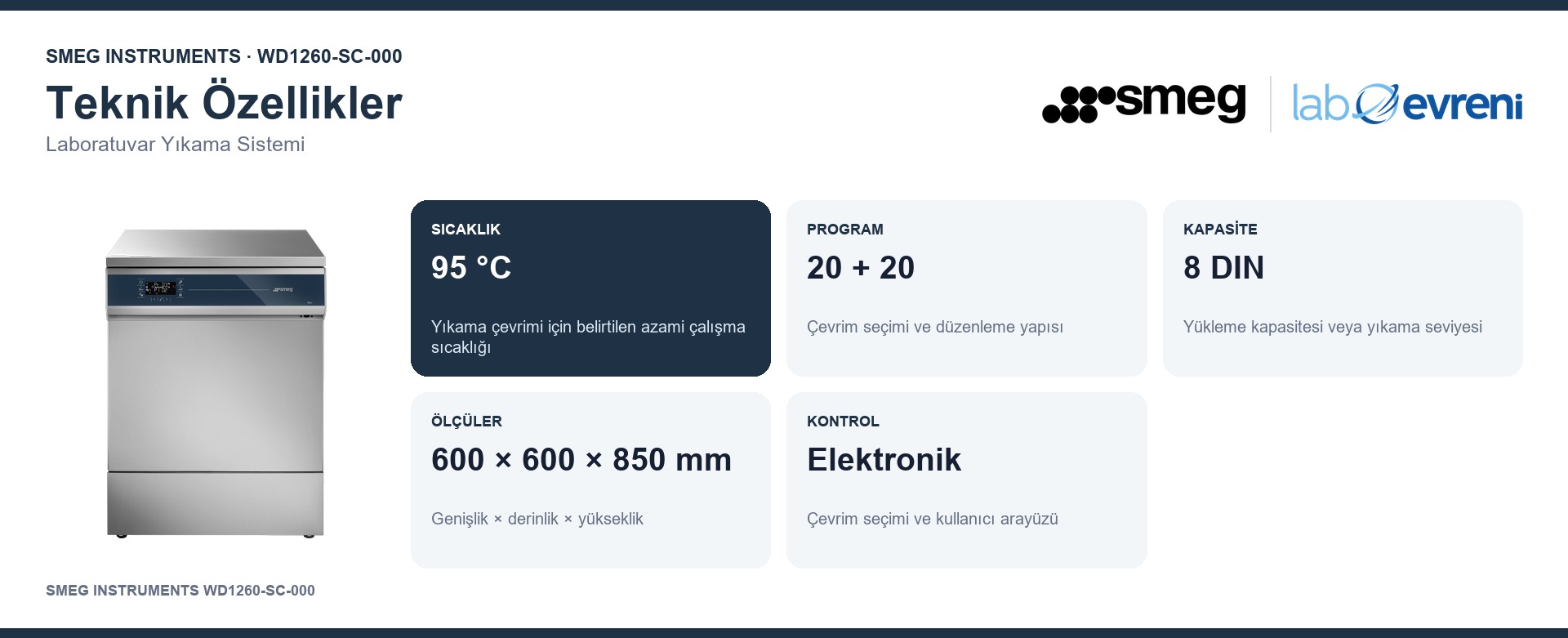 SMEG INSTRUMENTS WD1260-SC-000 cihazının sıcaklık, program, kapasite, ölçü, kurutma ve kontrol değer kartları
