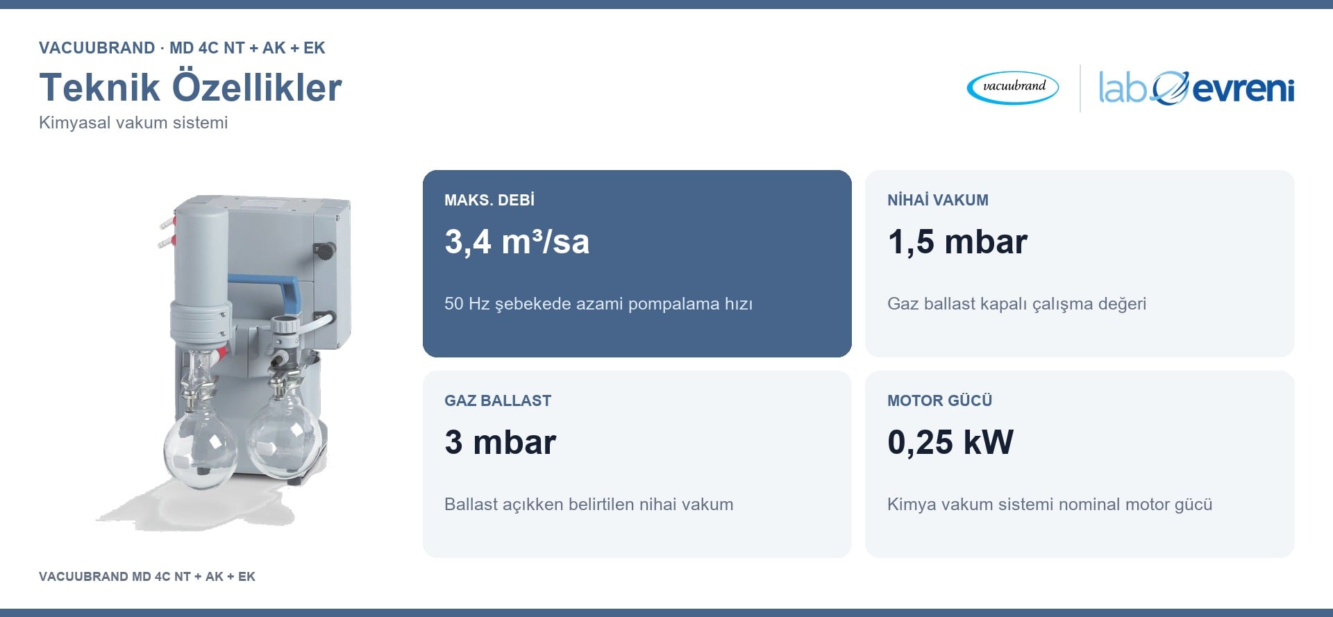 VACUUBRAND MD 4C NT + AK + EK kimya vakum sisteminin 3,4 m³/sa debi, 1,5 mbar vakum, 3 mbar gaz ballast ve 0,25 kW güç değer kartları