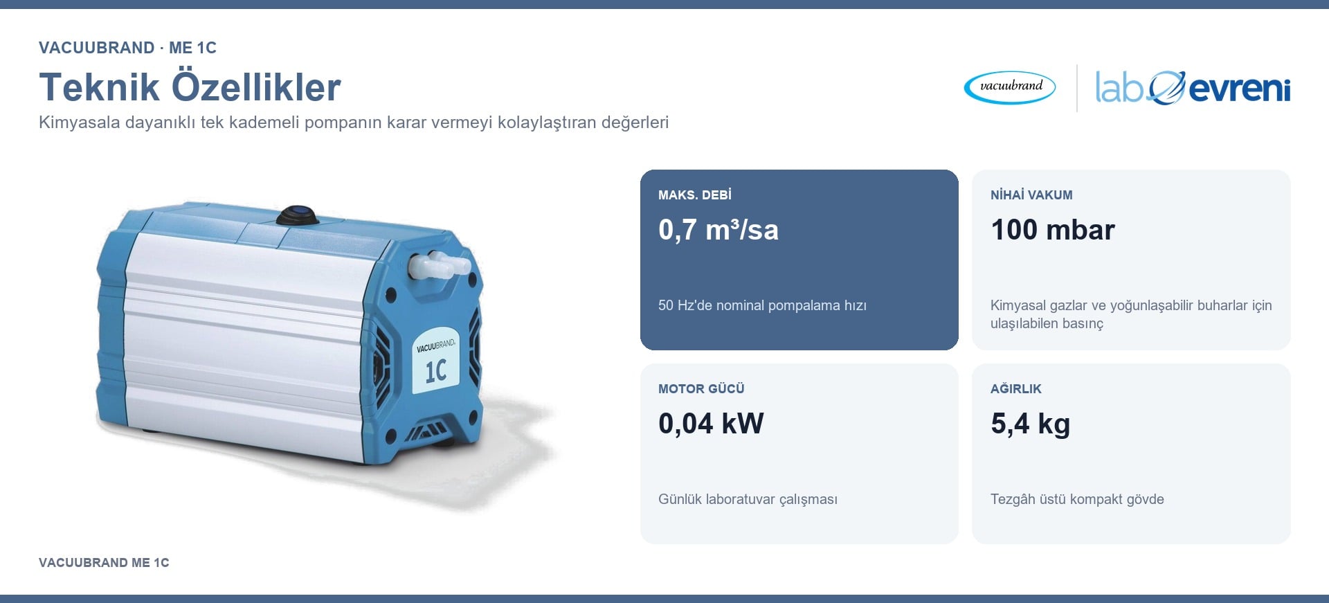 VACUUBRAND ME 1C kimyasala dayanıklı vakum pompasının 0,7 m³/sa debi, 100 mbar vakum, 0,04 kW güç ve 5,4 kg ağırlık kartları