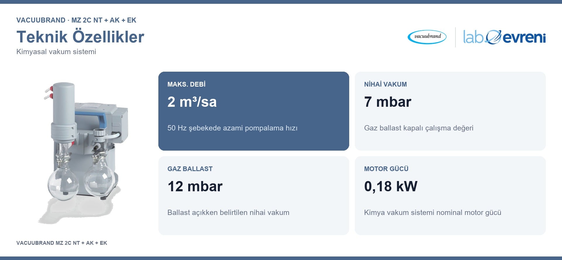 VACUUBRAND MZ 2C NT + AK + EK kimya vakum sisteminin 2 m³/sa debi, 7 mbar vakum, 12 mbar gaz ballast ve 0,18 kW güç değer kartları