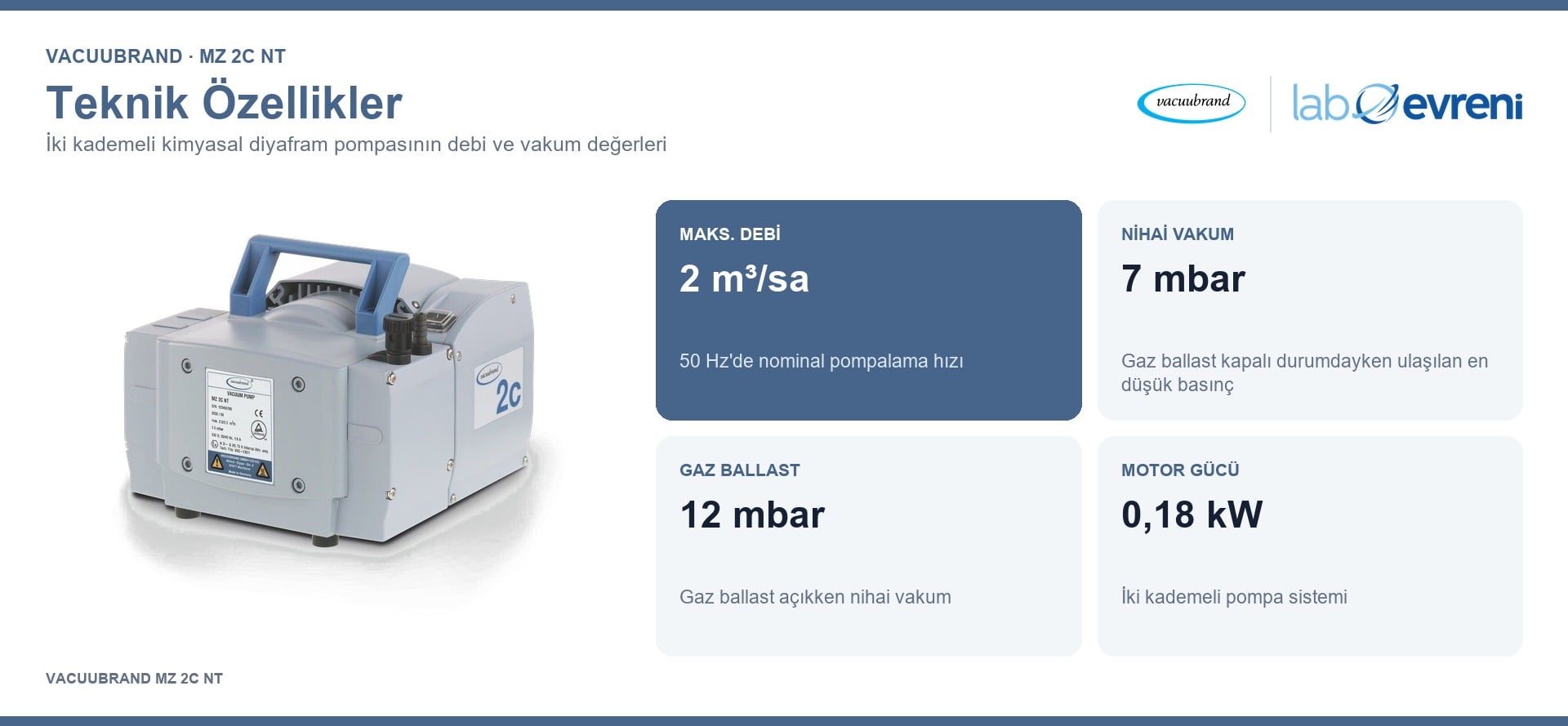 VACUUBRAND MZ 2C NT kimyasala dayanıklı vakum pompasının 2 m³/sa debi, 7 mbar vakum, 12 mbar gaz ballast ve 0,18 kW güç değer kartları