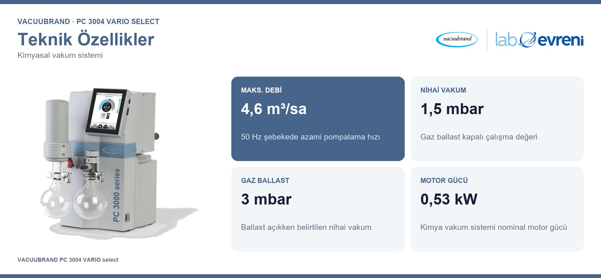 VACUUBRAND PC 3004 VARIO select kimya vakum sisteminin 4,6 m³/sa debi, 1,5 mbar vakum, 3 mbar gaz ballast ve 0,53 kW güç değer kartları