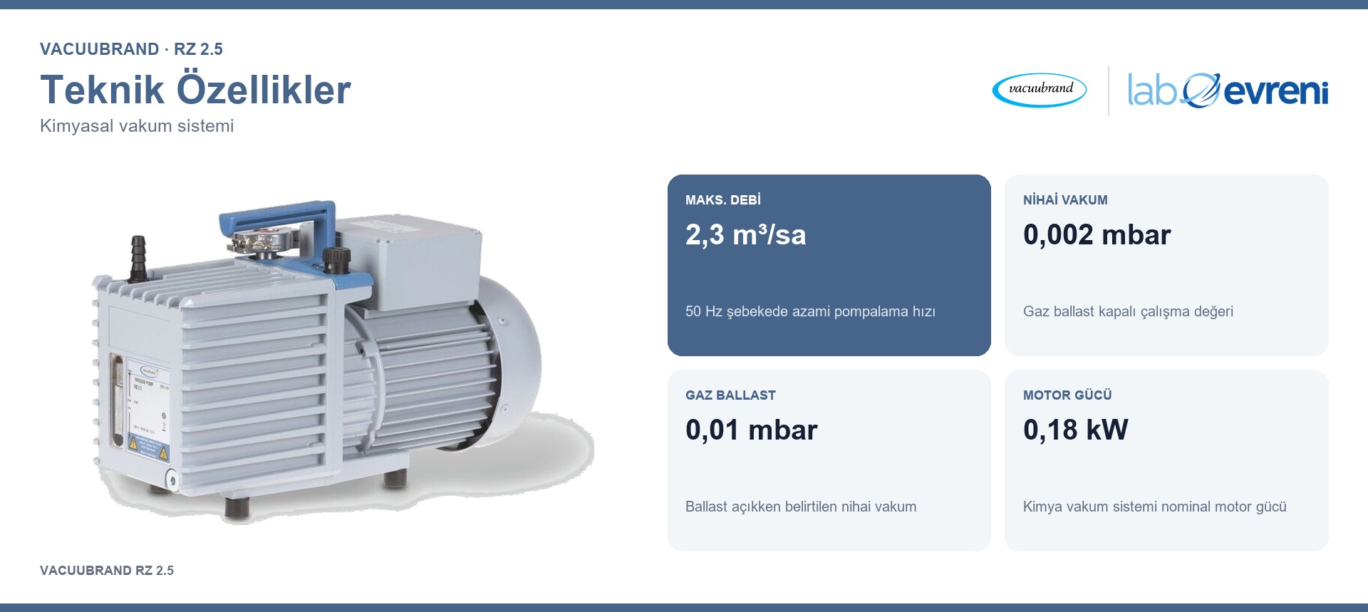 VACUUBRAND RZ 2.5 kimya vakum sisteminin 2,3 m³/sa debi, 0,002 mbar vakum, 0,01 mbar gaz ballast ve 0,18 kW güç değer kartları