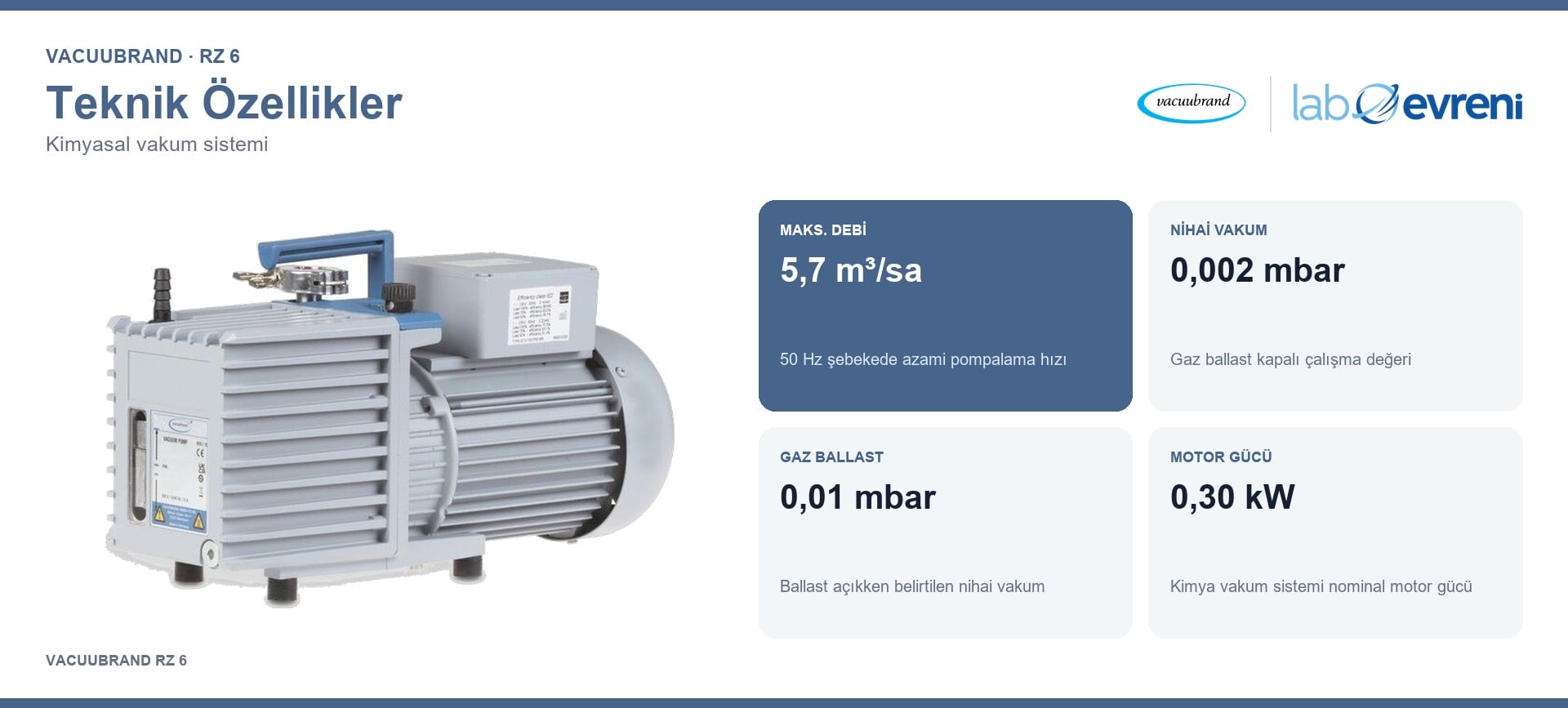 VACUUBRAND RZ 6 kimya vakum sisteminin 5,7 m³/sa debi, 0,002 mbar vakum, 0,01 mbar gaz ballast ve 0,30 kW güç değer kartları