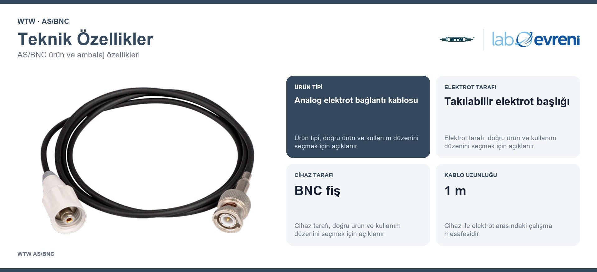 WTW AS/BNC Analog pH Elektrot Bağlantı Kablosu teknik değerleri ve ürün kodu 108114