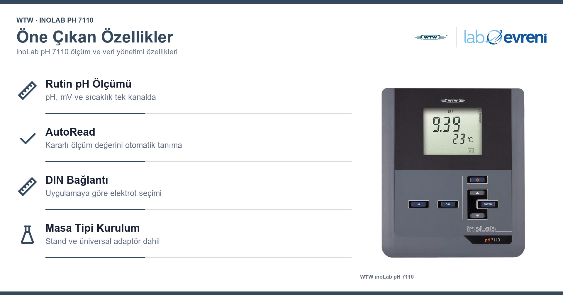 WTW inoLab pH 7110 masa tipi pH ölçüm özellikleri