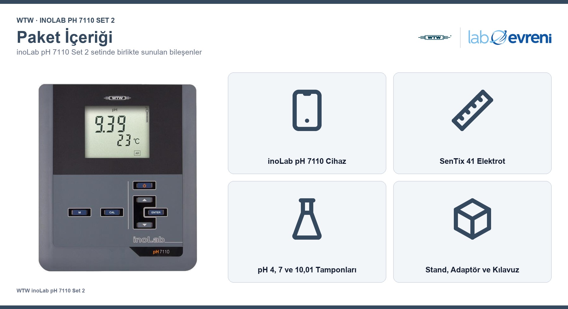 WTW inoLab pH 7110 Set 2 cihaz, SenTix 41 ve kalibrasyon çözeltileri
