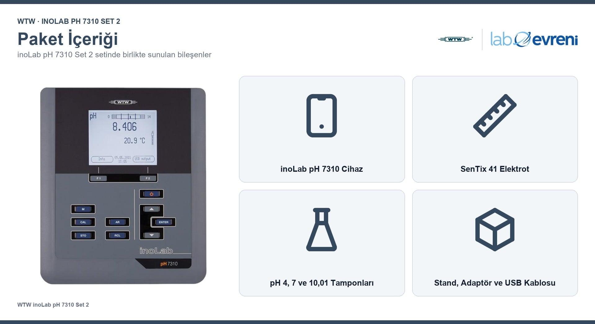 WTW inoLab pH 7310 Set 2 cihaz, SenTix 41 ve kalibrasyon çözeltileri