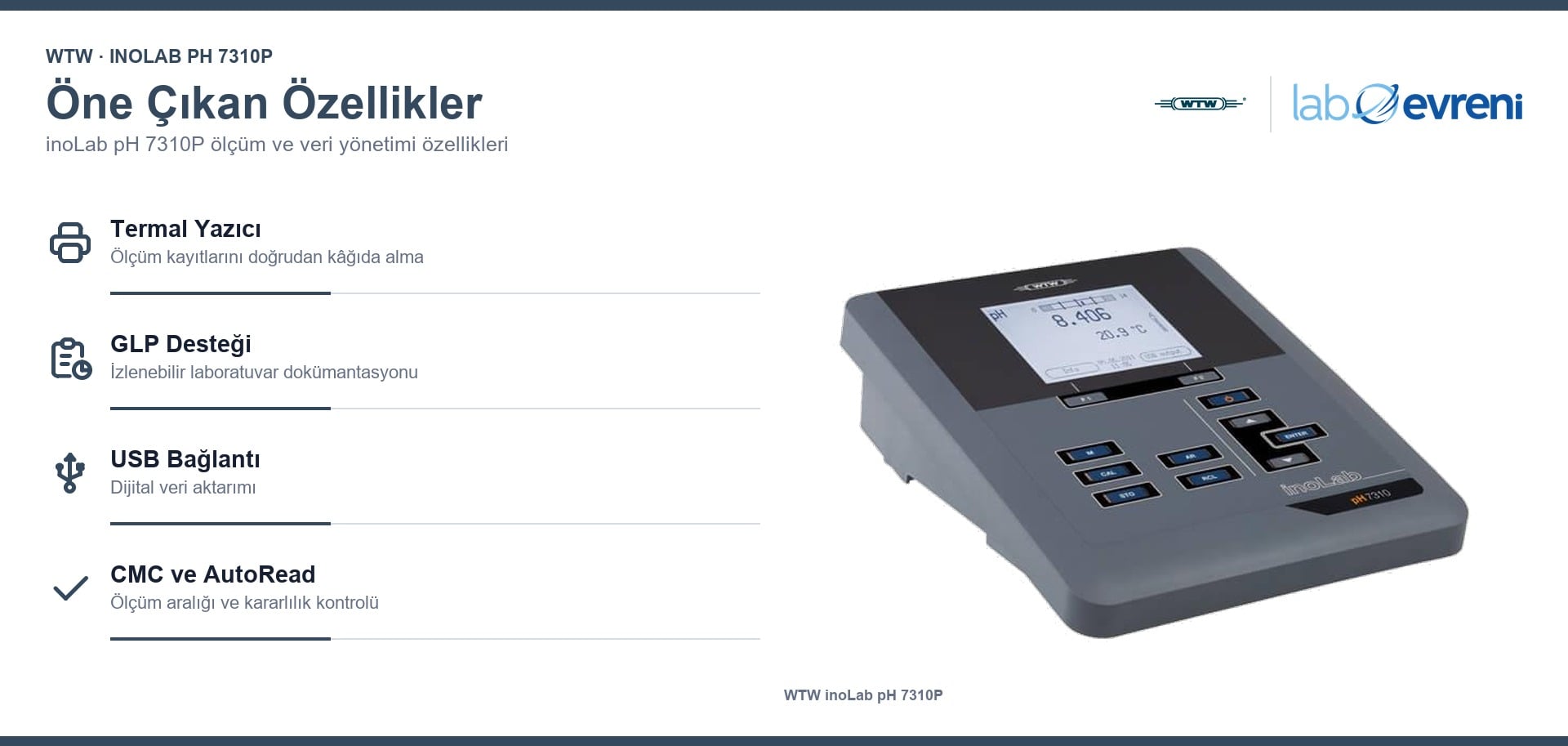 WTW inoLab pH 7310P termal yazıcı, GLP ve USB özellikleri