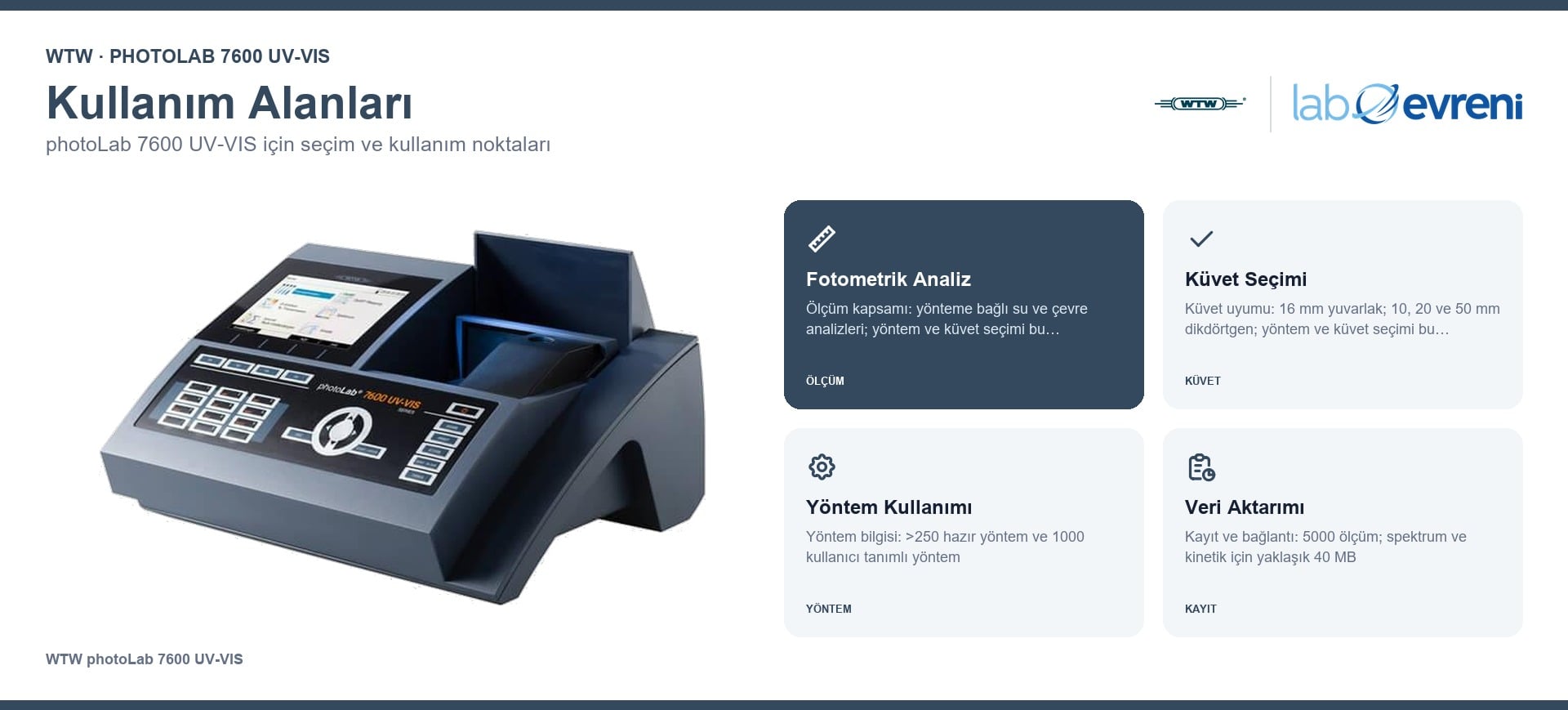 WTW photoLab 7600 UV-VIS seçim, uyumluluk ve kullanım bilgileri