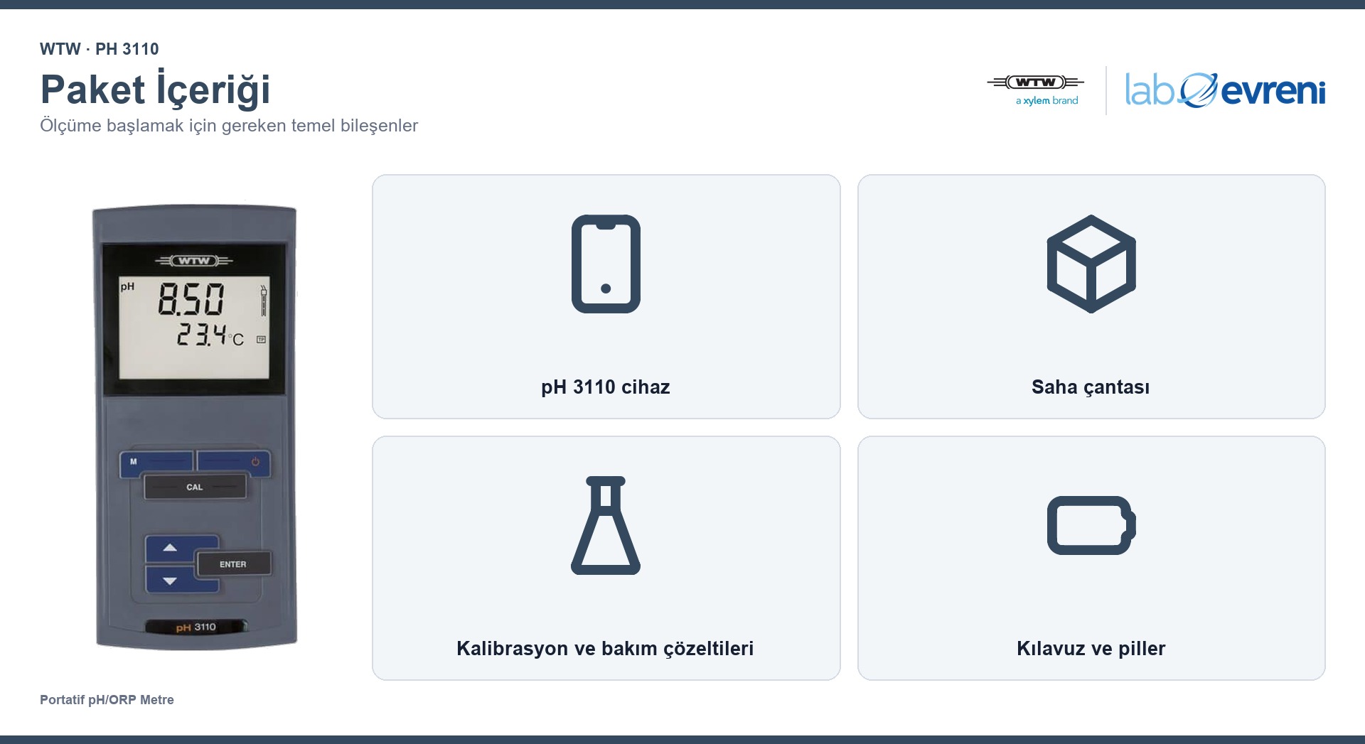WTW ProfiLine pH 3110 paket içeriği ve dahil bileşenler