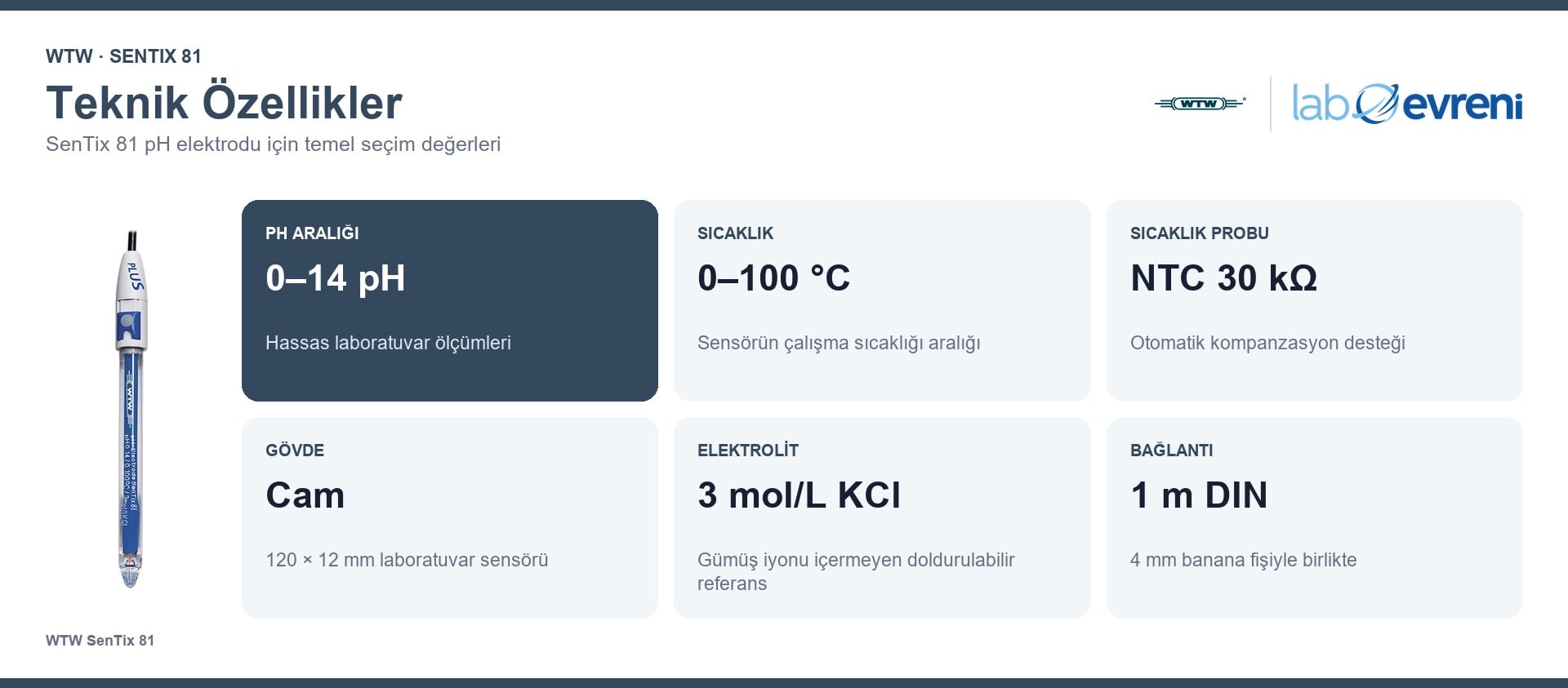 WTW SenTix 81 pH elektrodunun ölçüm, sıcaklık, gövde ve bağlantı özellikleri