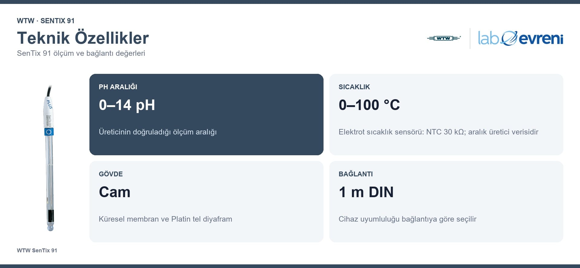 WTW SenTix 91 pH elektrodunun ölçüm aralığı, gövdesi ve bağlantı özellikleri