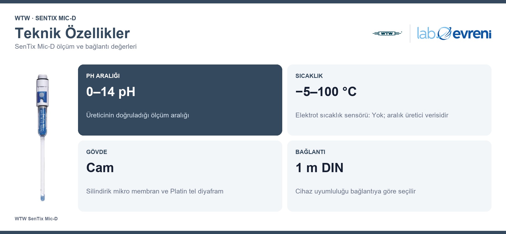 WTW SenTix Mic-D pH elektrodunun ölçüm aralığı, gövdesi ve bağlantı özellikleri