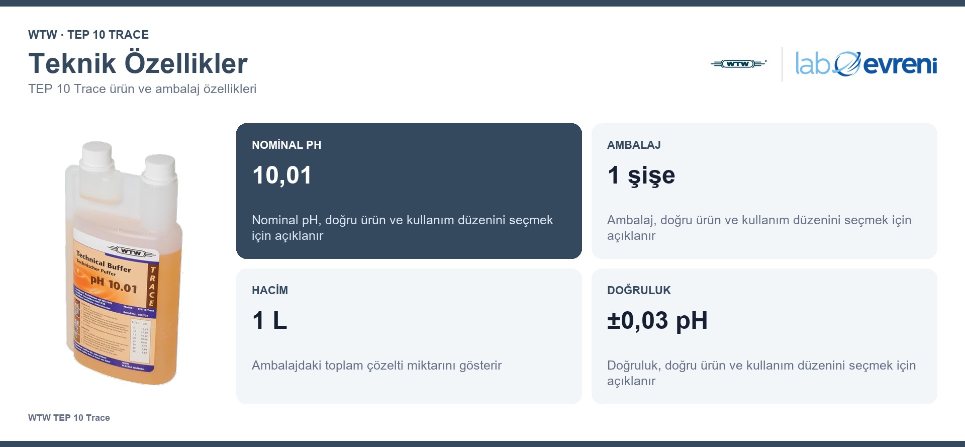 WTW TEP 10 Trace Teknik pH Tampon Çözeltisi teknik değerleri ve ürün kodu 108703