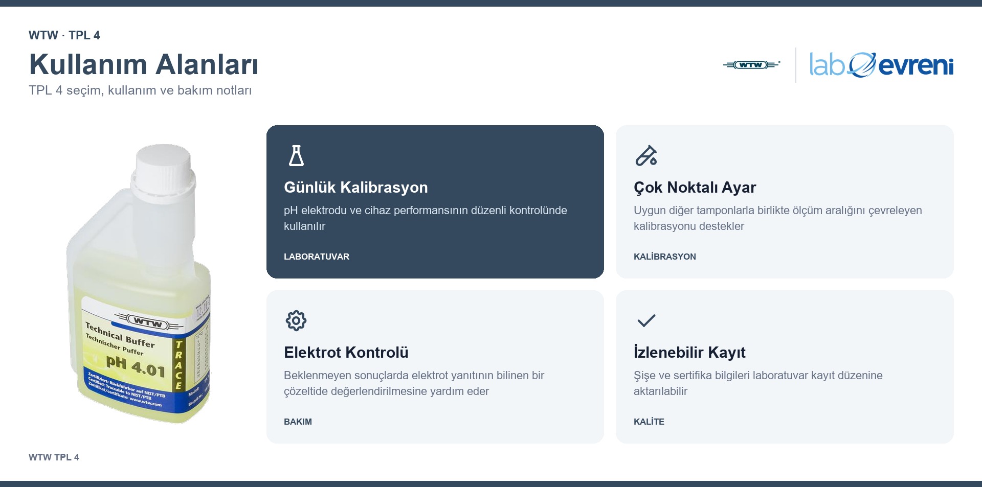 WTW TPL 4 Teknik pH Tampon Çözeltisi kullanım ve seçim notları