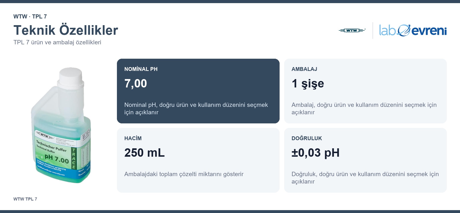 WTW TPL 7 Teknik pH Tampon Çözeltisi teknik değerleri ve ürün kodu 108802