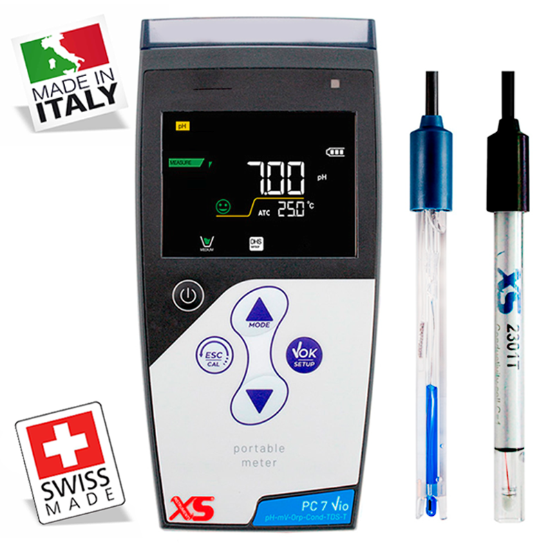 XS PC 7 Vio Portatif Multiparametre Ölçer 201T pH ve 2301T İletkenlik Elektrodu ile 0.00... 14.00 pH / 0.01... 200 mS