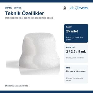 BRAND Transferpette 704652 Pipet Filtresi | 2 mL, 2,5 mL ve 5 mL Uyumlu, 25 Adet