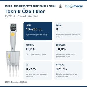BRAND Transferpette Electronic-8 705404 10–200 µL Çok Kanallı Pipet