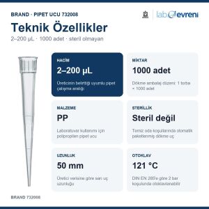 BRAND Pipet Ucu 732008 2–200 µL Steril Olmayan 1000 Adet