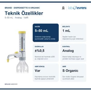 BRAND Dispensette S Organic Analog Geri Dönüş Valfli Ayarlanabilir Hacimli Dispenser 4630161 | 5–50 mL