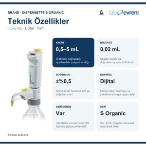 BRAND Dispensette S Organic Dijital Geri Dönüş Valfli Ayarlanabilir Hacimli Dispenser 4630331 | 0,5–5 mL