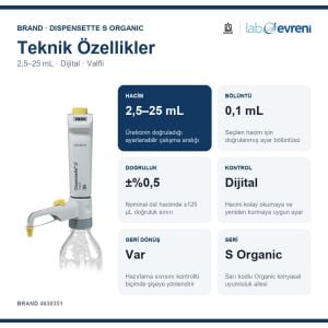 BRAND Dispensette S Organic Dijital Geri Dönüş Valfli Ayarlanabilir Hacimli Dispenser 4630351 | 2,5–25 mL