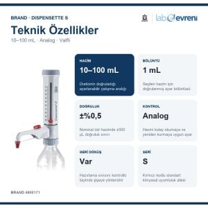 BRAND Dispensette S Analog Geri Dönüş Valfli Ayarlanabilir Hacimli Dispenser 4600171 | 10–100 mL