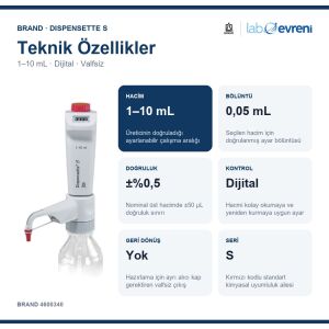 BRAND Dispensette S Dijital Ayarlanabilir Hacimli Dispenser 4600340 | 1–10 mL