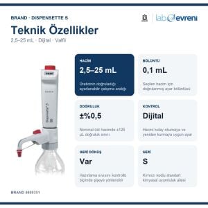 BRAND Dispensette S Dijital Geri Dönüş Valfli Ayarlanabilir Hacimli Dispenser 4600351 | 2,5–25 mL