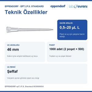 EPPENDORF epT.I.P.S. Standard 0030000854 Pipet Ucu | 0,5–20 µL L | 1000 Adet Şeffaf