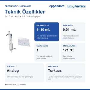 EPPENDORF Research plus 3123000080 Otomatik Pipet | Tek kanal | 1–10 mL