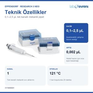 EPPENDORF Research 3 neo 3174000001 Otomatik Pipet | Tek kanal | 0,1–2,5 µL