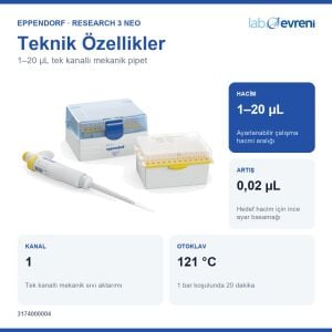 EPPENDORF Research 3 neo 3174000004 Otomatik Pipet | Tek kanal | 1–20 µL