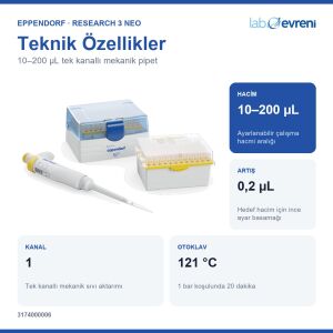 EPPENDORF Research 3 neo 3174000006 Otomatik Pipet | Tek kanal | 10–200 µL