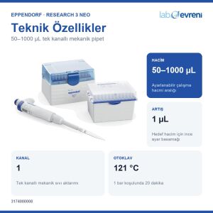 EPPENDORF Research 3 neo 3174000008 Otomatik Pipet | Tek kanal | 50–1000 µL
