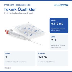 EPPENDORF Research 3 neo 3174000009 Otomatik Pipet | Tek kanal | 0,1–2 mL